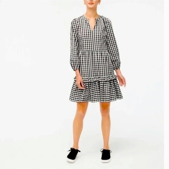 Re-imagined J Crew Tiered Dress Black White Gingham XXS Poplin Pockets Ruffled - Picture 1 of 14